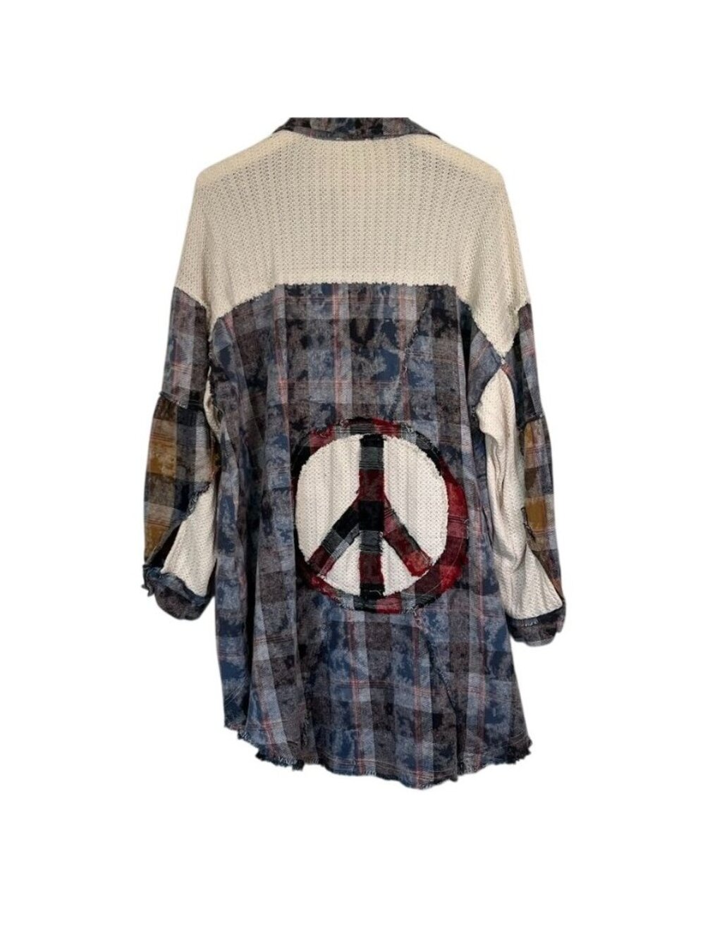 Pol Womens Sz L Peace Patchwork Chunky Plaid Shacket Oversized Statement Grunge - Picture 5 of 16